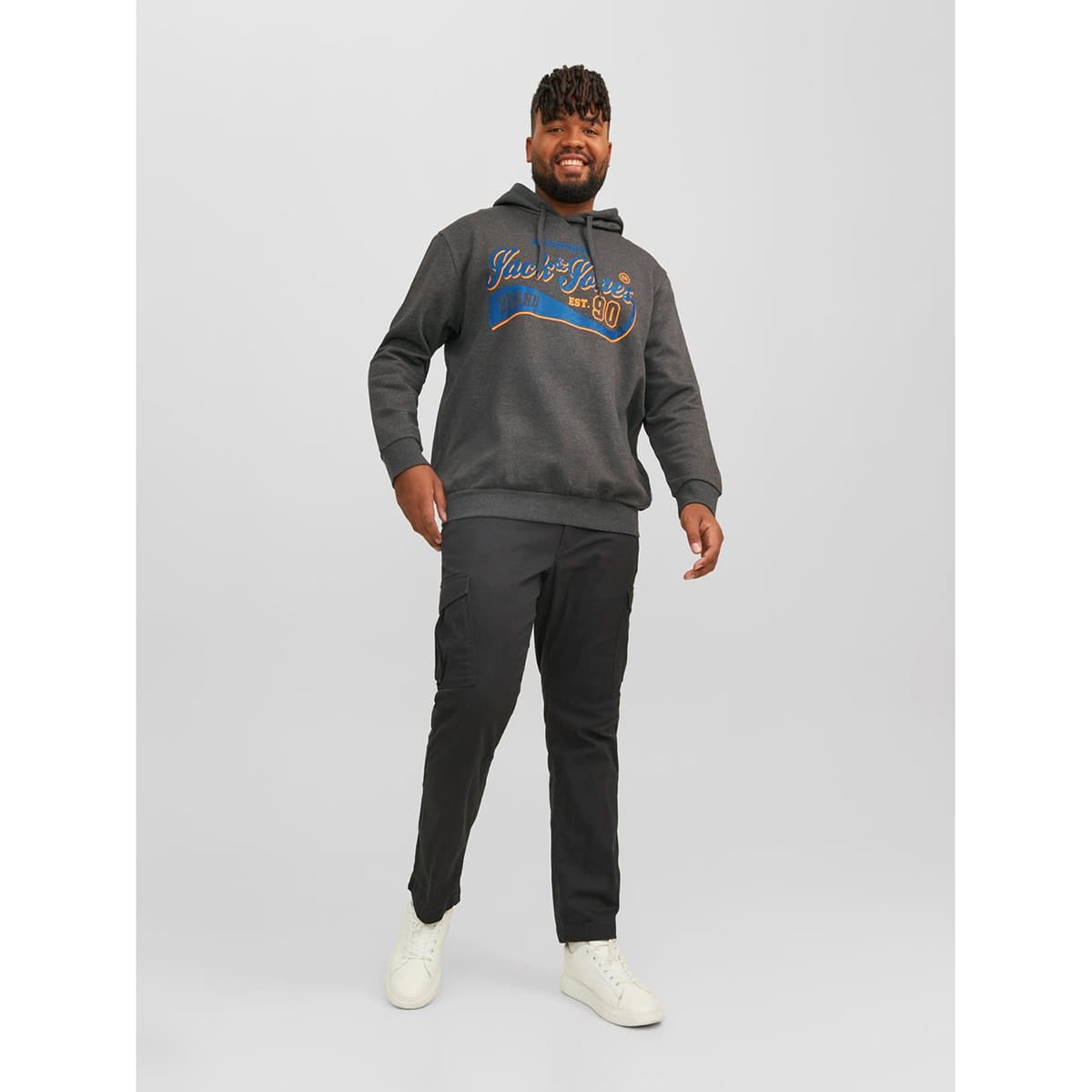 Pánská velká mikina přes hlavu s kapucí Jack &amp; Jones s nápisem 12236803 tmavě šedá