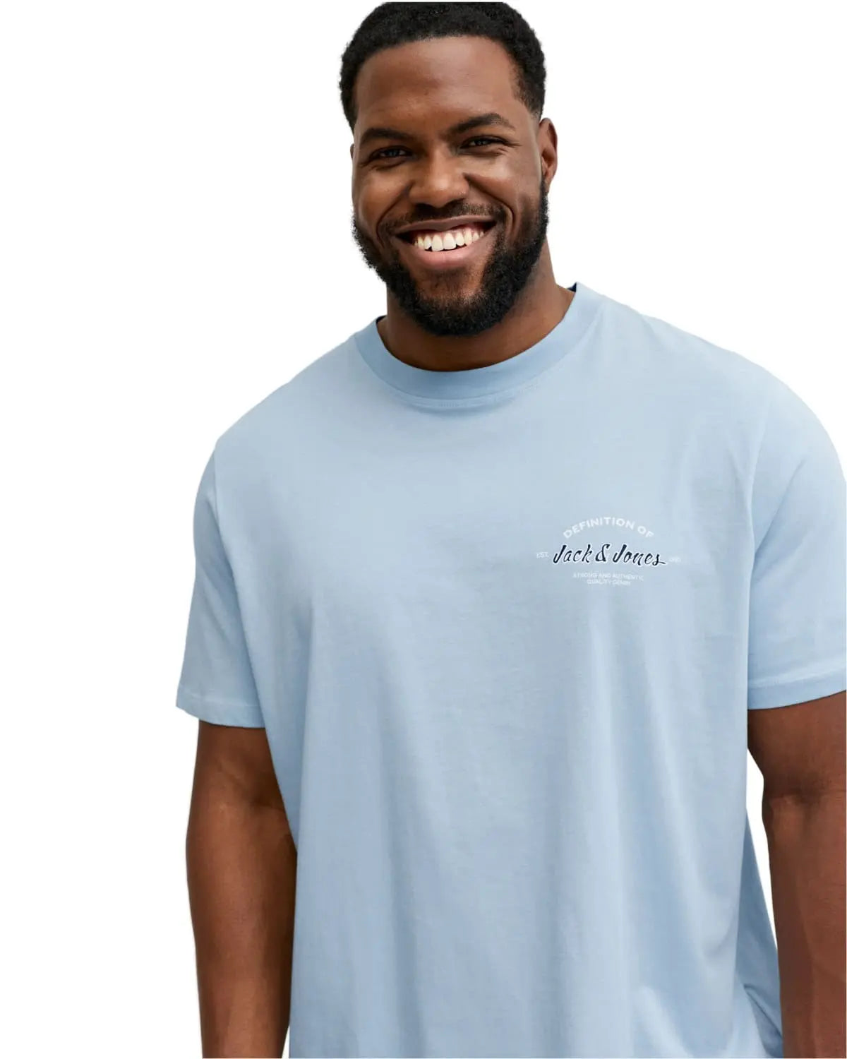 Duża męska koszulka krótki rękaw t-shirt z subtelnym napisem Jack &amp; Jones 12289681 błękitny
