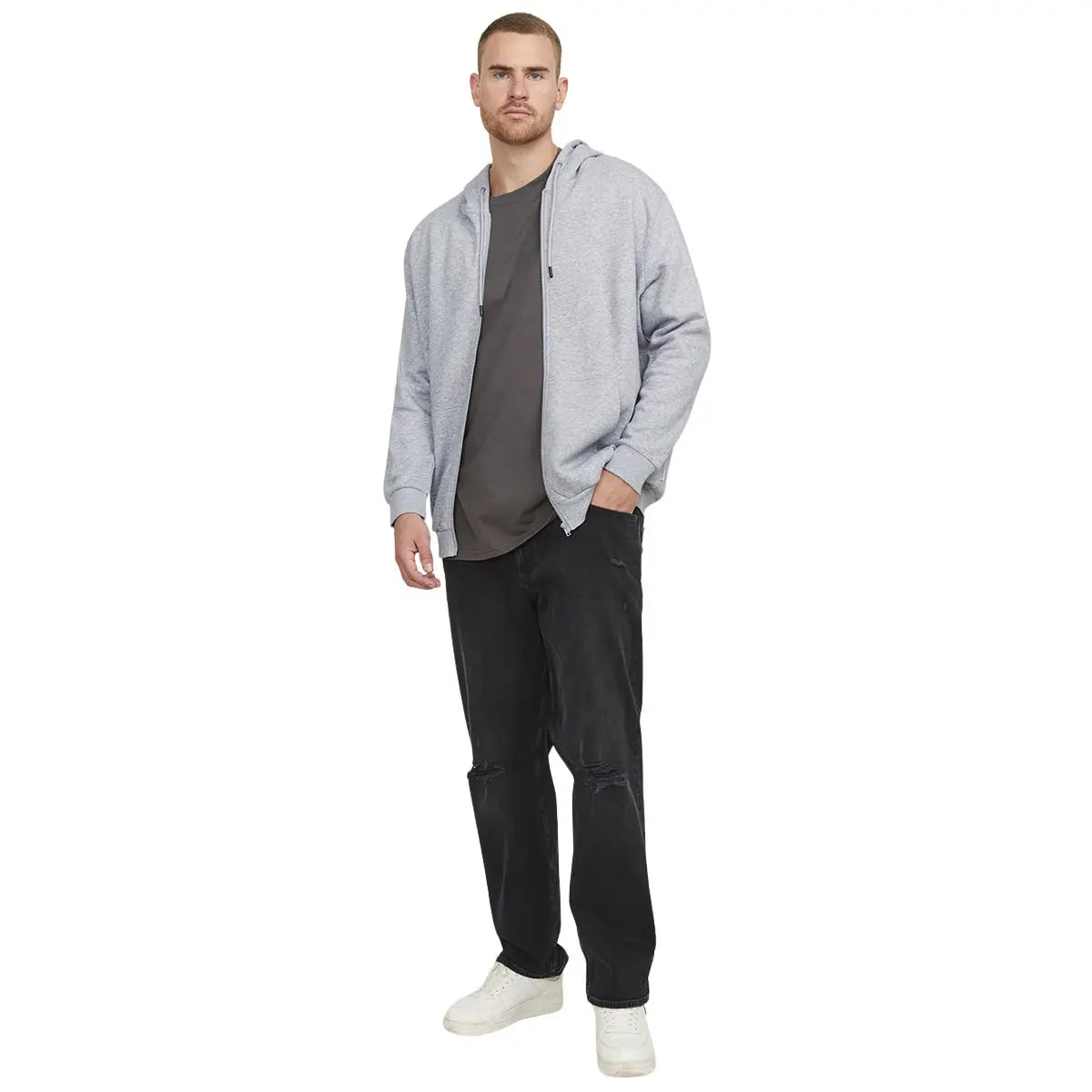 Duża męska bluza rozpinana z kapturem gładka Jack &amp; Jones 12250596 jasnoszara