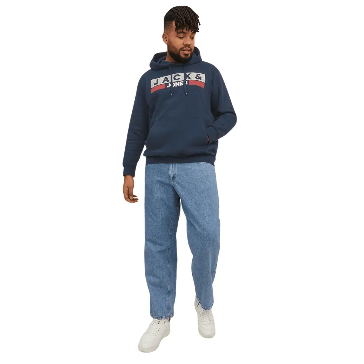 Duża męska bluza kangurka wkładana przez głowę z kapturem Jack &amp; Jones 12163777 granatowa
