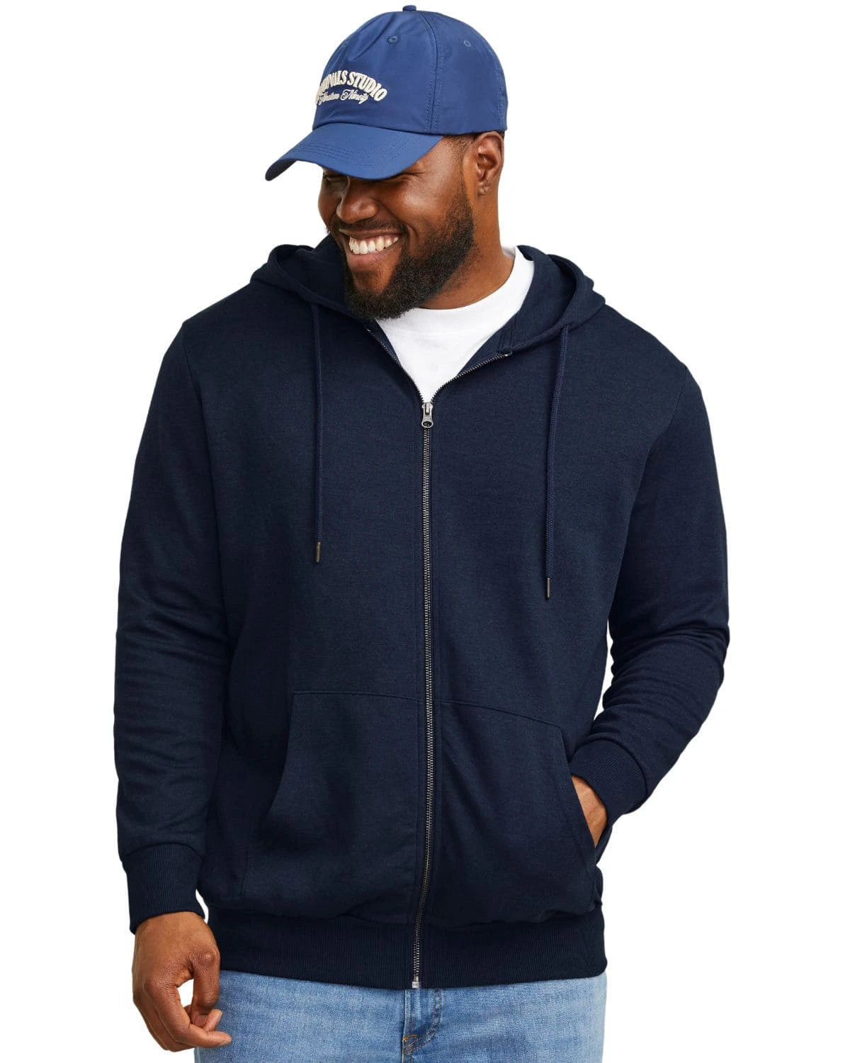 Duża męska gładka bluza rozpinana z kapturem Jack &amp; Jones 12182493 granatowa