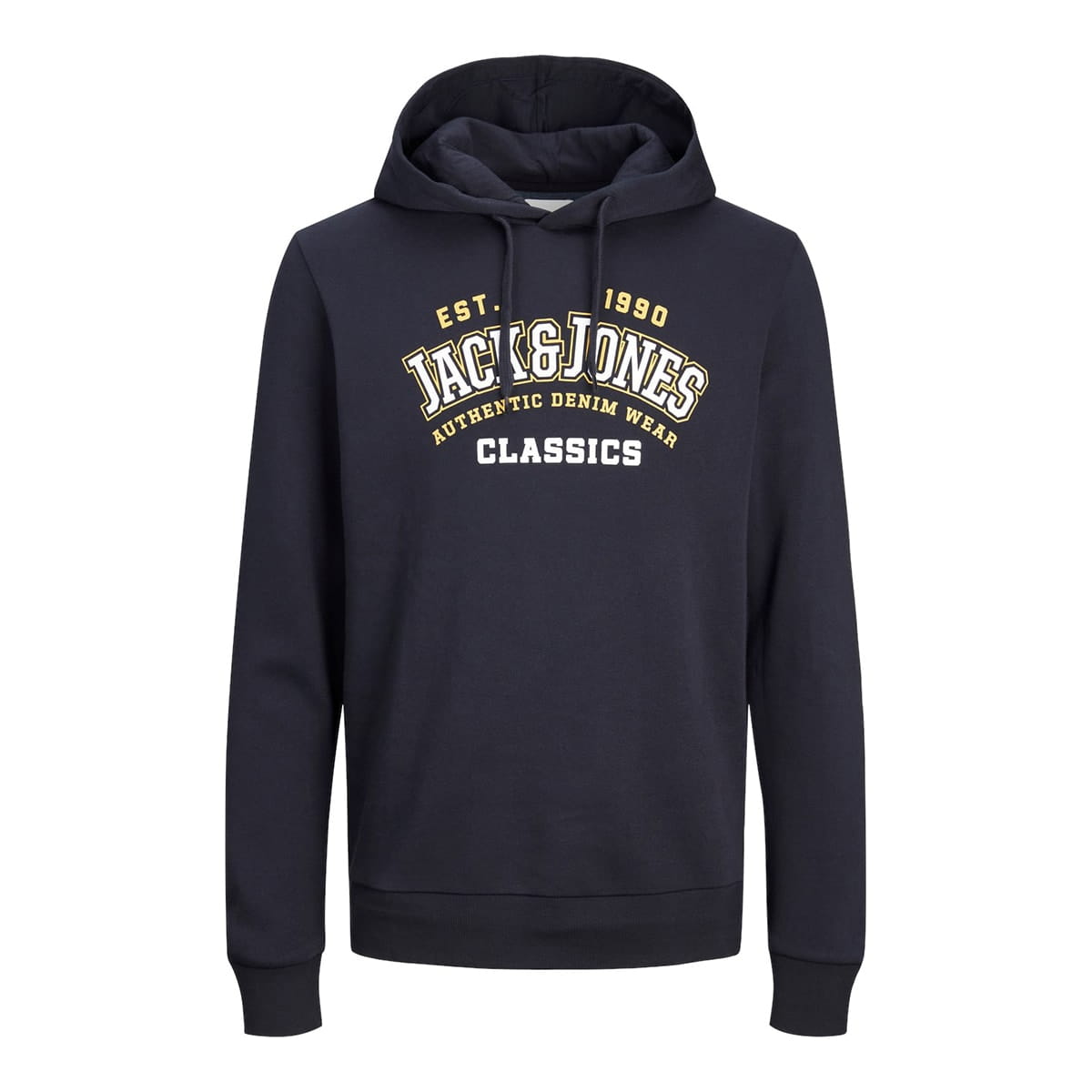 Pánská velká mikina přes hlavu s kapucí Jack &amp; Jones s nápisem 12236803 v tmavě modré a žluté barvě.