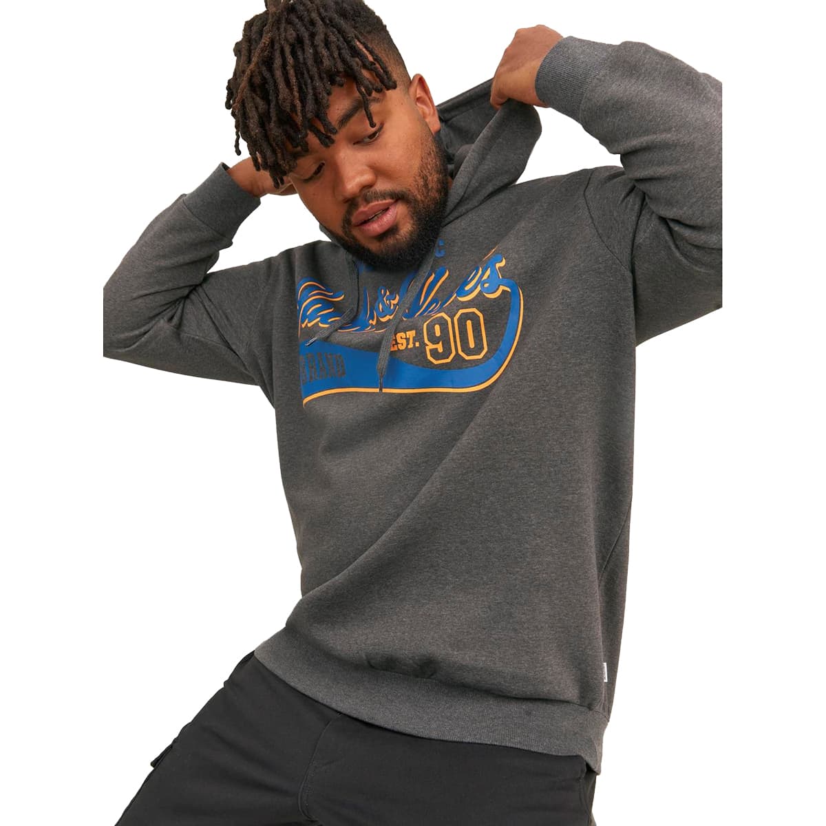 Pánská velká mikina přes hlavu s kapucí Jack &amp; Jones s nápisem 12236803 tmavě šedá