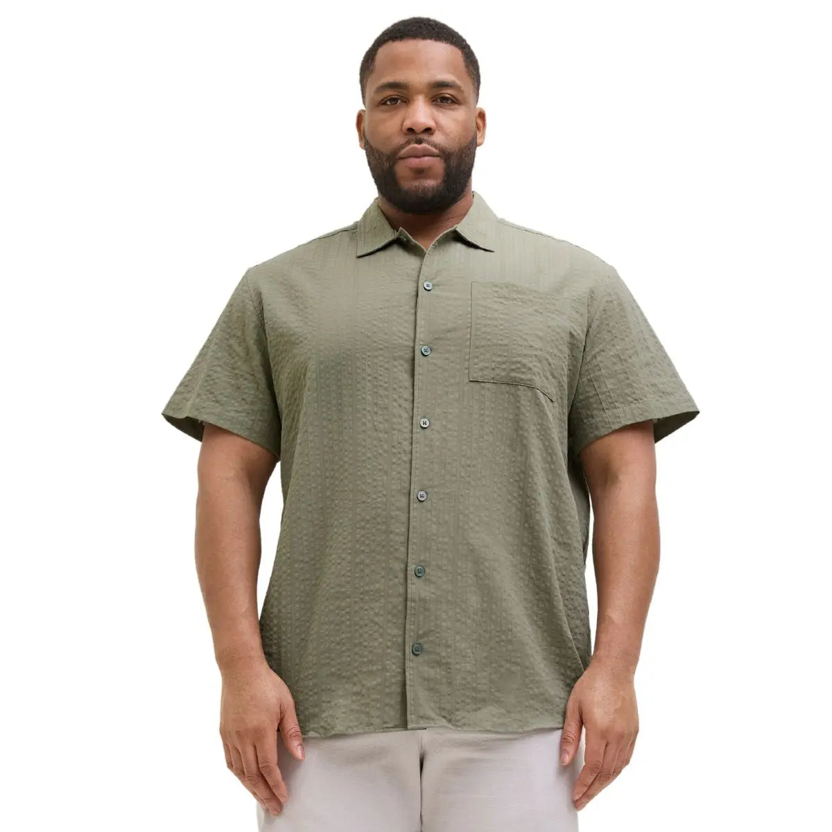 Duża męska koszula wytłaczany wzór krótki rękaw Jack &amp; Jones 12278451 khaki