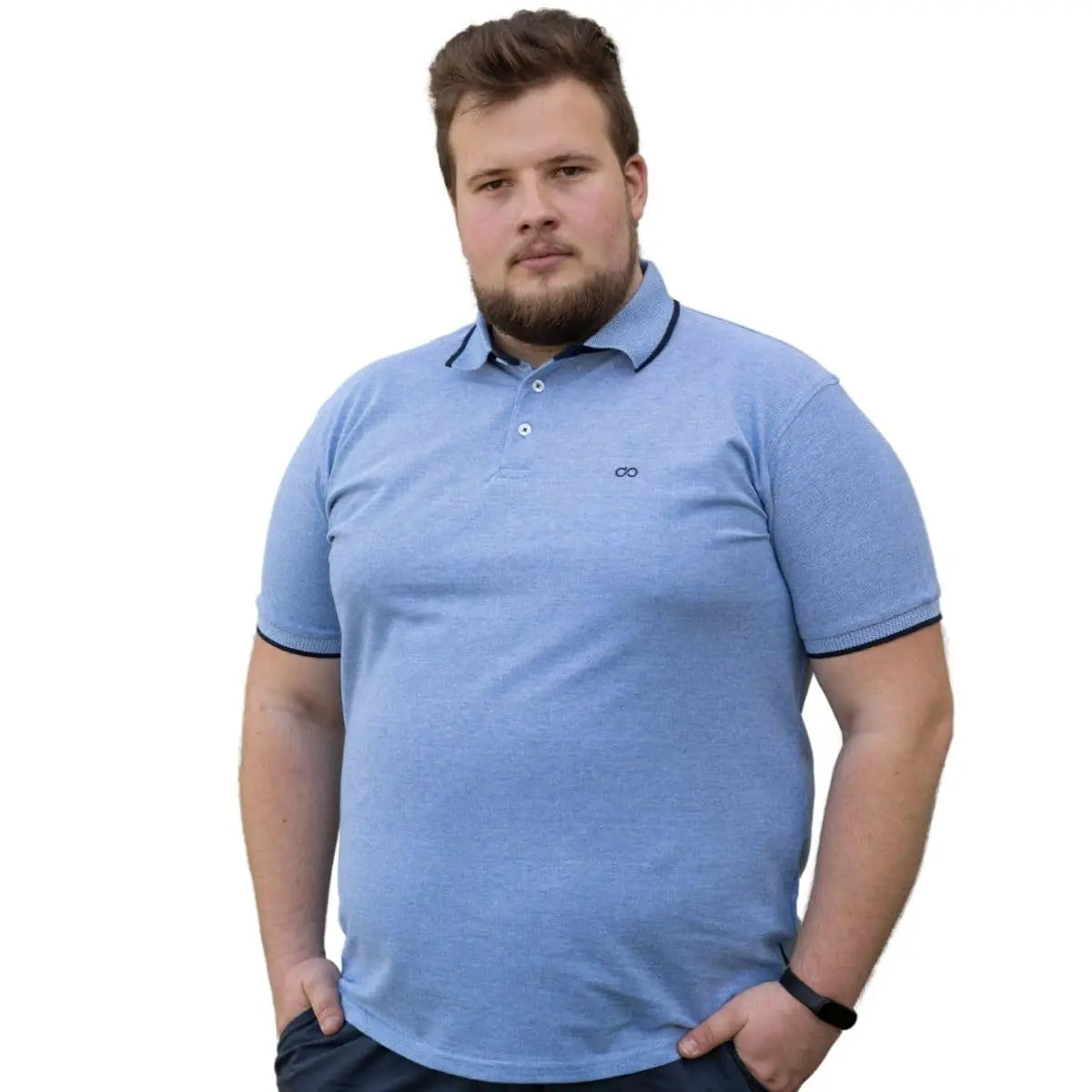 Duża męska koszulka polo gładka ozdobny kołnierzyk Double PS-3038 niebieska