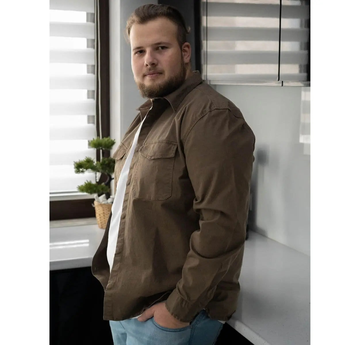 Velká pánská košile s dlouhým rukávem Double Urban Outfitters GS-5118 hnědá