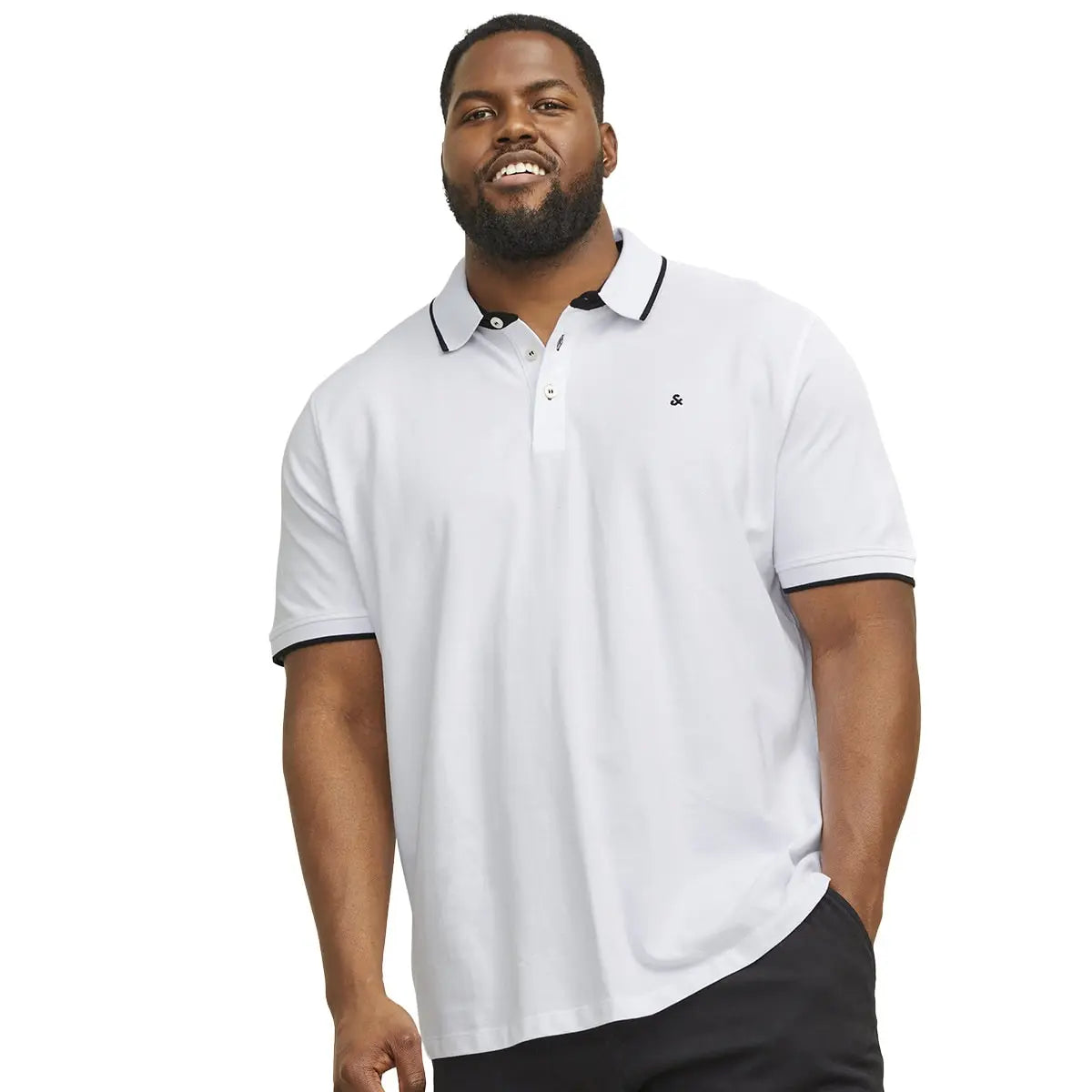 Velké pánské polo tričko s límečkem Jack &amp; Jones 12143859 bílé s černými vsadkami