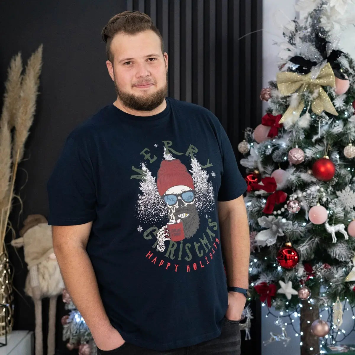 Velké pánské vánoční tričko s potiskem Jack &amp; Jones 12285536 tmavě modré