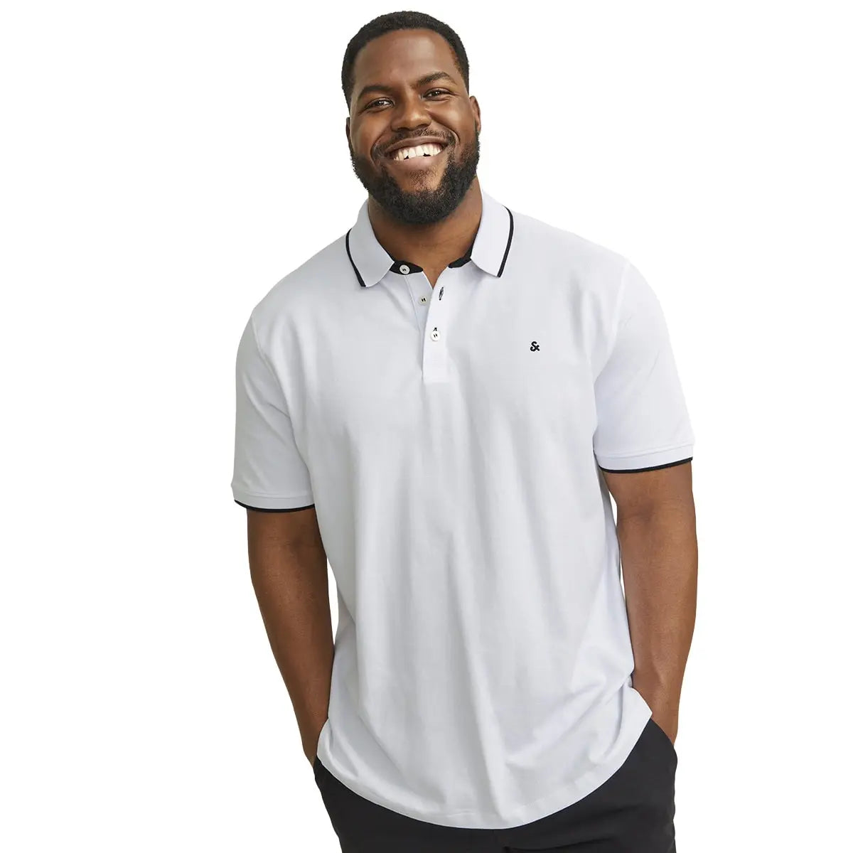 Velké pánské polo tričko s límečkem Jack &amp; Jones 12143859 bílé s černými vsadkami