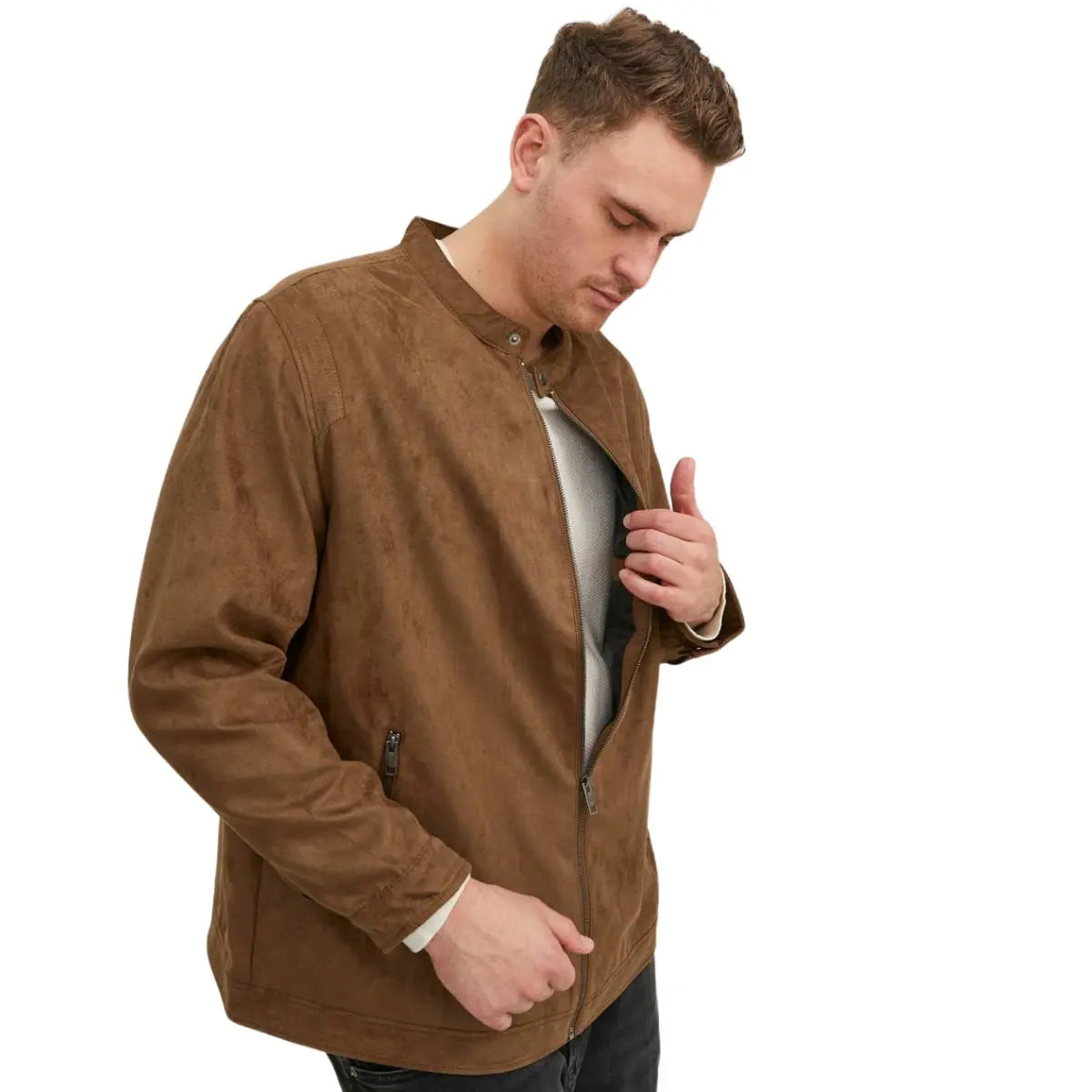 Duża męska kurtka zamszowa z kieszeniami na zamek Jack &amp; Jones 12230055 brązowa