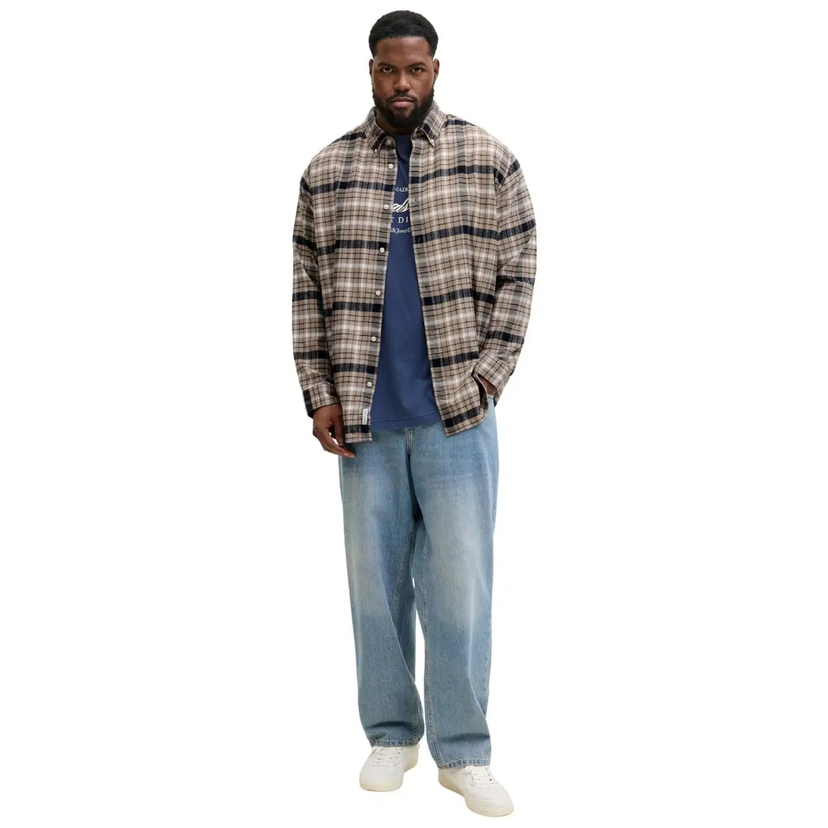 Duża męska koszula flanelowa w kartę długi rękaw Jack &amp; Jones 12287627 granatowo-beżowa