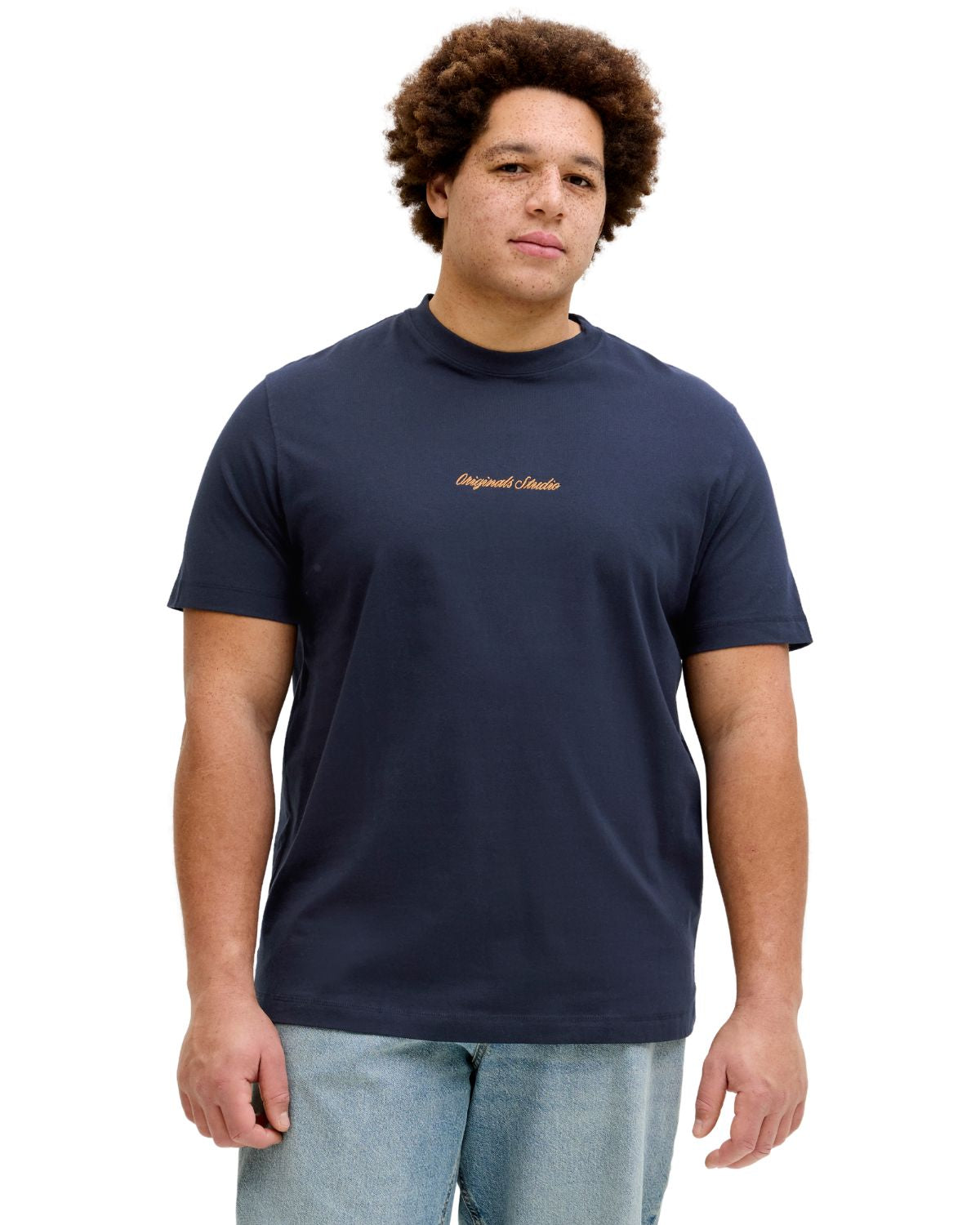 Duża męska koszulka z małym napisem t-shirt Jack &amp; Jones 12284161 granatowy