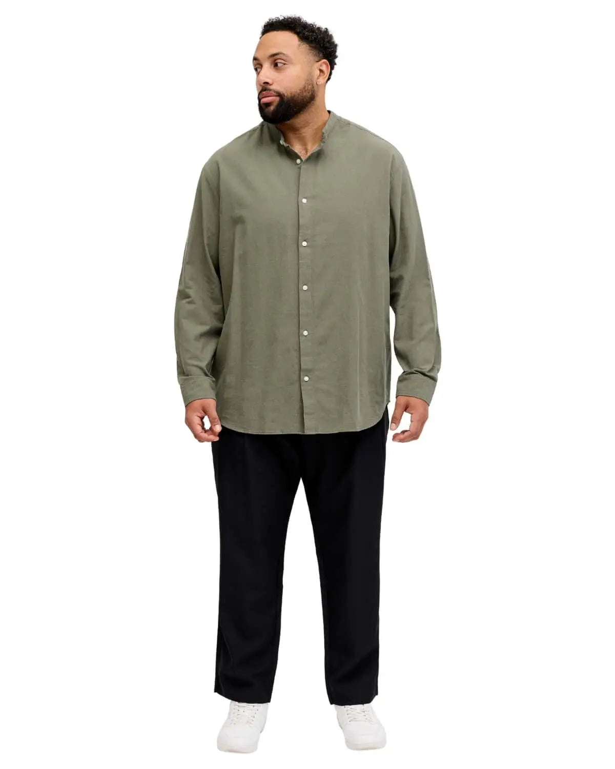 Duża męska koszula gładka lniana z długim rękawem stójka Jack &amp; Jones 12294544 khaki