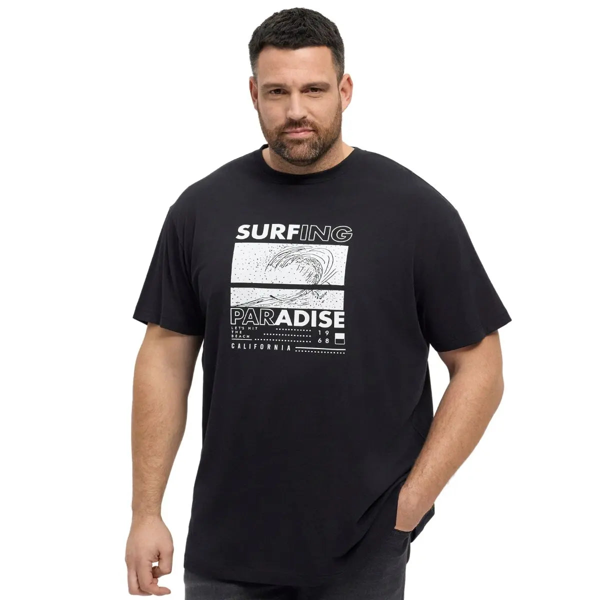 Duży męski t-shirt z wakacyjnym nadrukiem koszulka z krótkim rękawem North Latitude 51322-0099 czarna