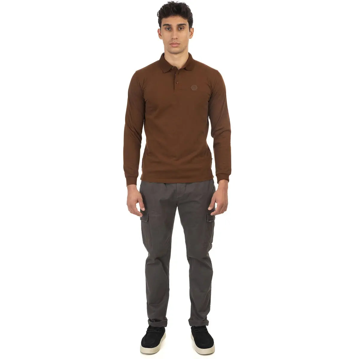 Duża męska koszulka polo z długim rękawem Double Urban Outfitters PS-3003 brązowa