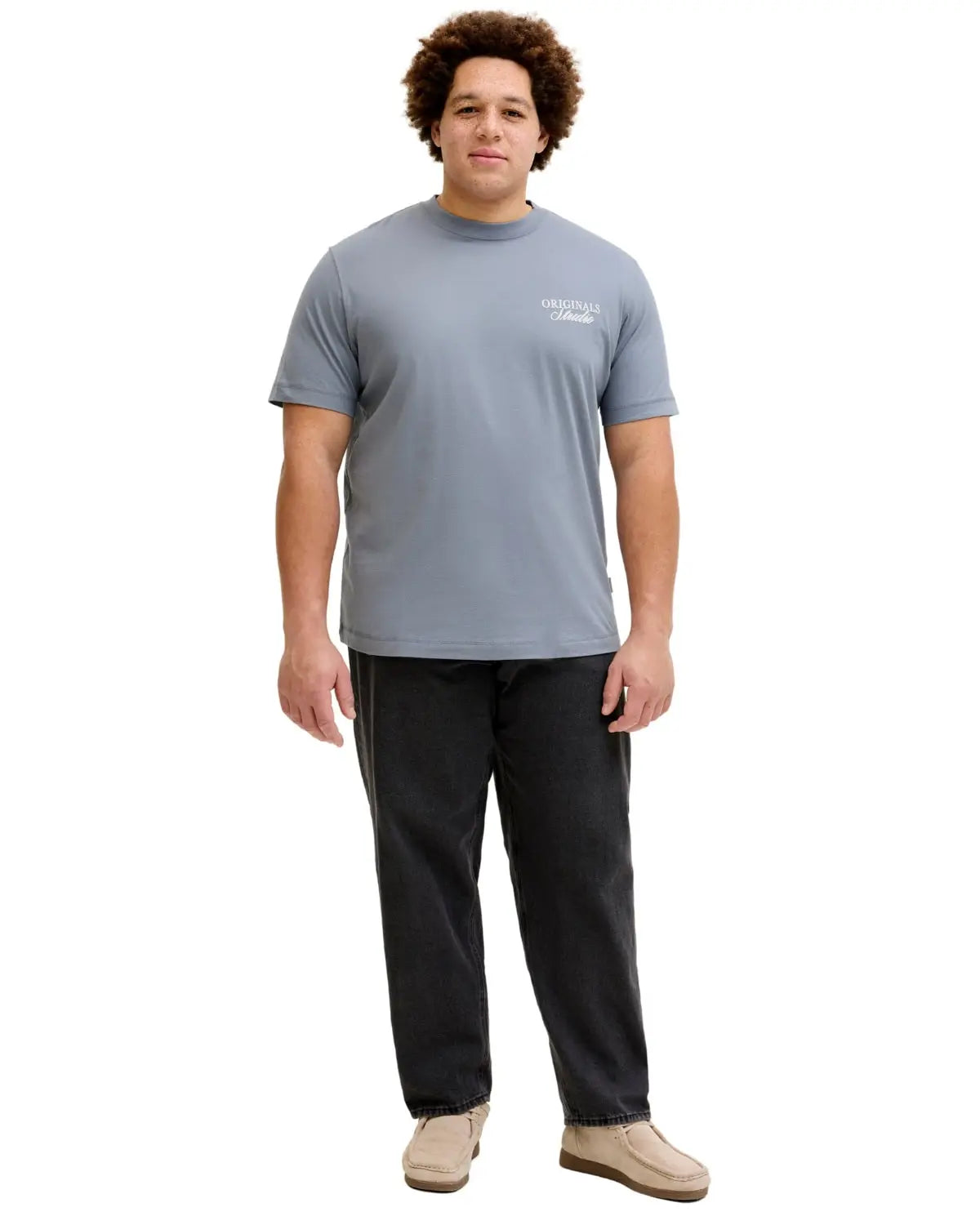 Velké pánské tričko s krátkým rukávem s potiskem na zádech Jack &amp; Jones 12288197 šedomodré