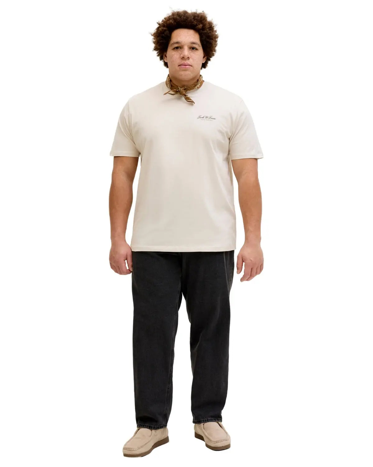 Velké pánské tričko s krátkým rukávem s jemným nápisem Jack &amp; Jones 12289683 béžové