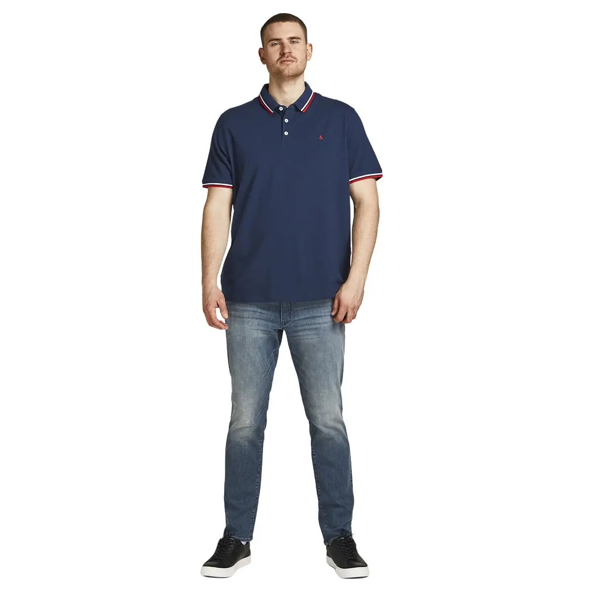 Duża męska polówka koszulka z kołnierzykiem Jack &amp; Jones 12143859 granatowa z czerwonym