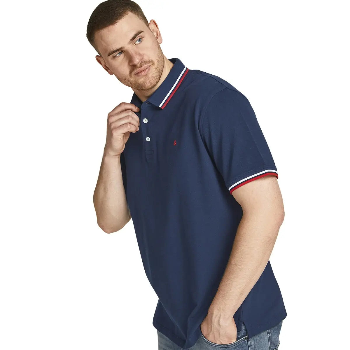 Duża męska polówka koszulka z kołnierzykiem Jack &amp; Jones 12143859 granatowa z czerwonym