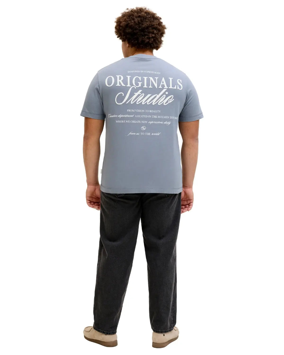 Velké pánské tričko s krátkým rukávem s potiskem na zádech Jack &amp; Jones 12288197 šedomodré