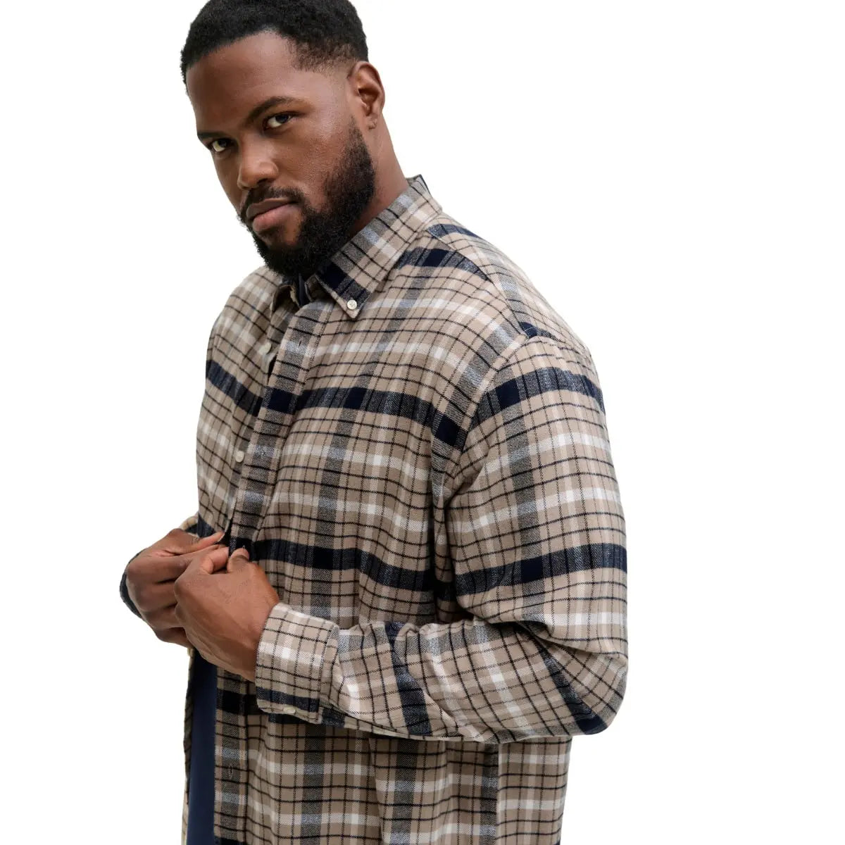 Duża męska koszula flanelowa w kartę długi rękaw Jack &amp; Jones 12287627 granatowo-beżowa