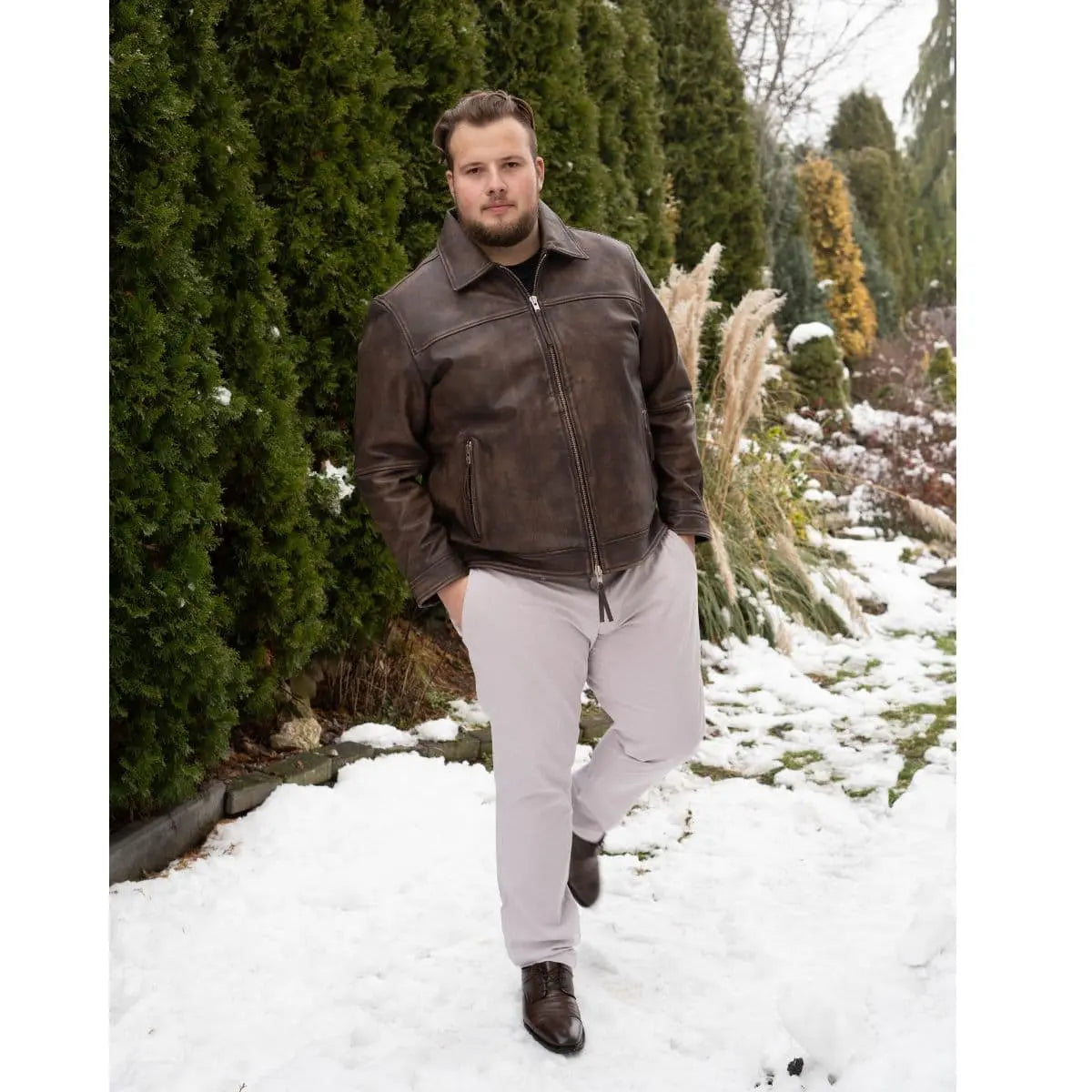 Velká pánská kožená bunda typu ramoneska Jack &amp; Jones 12285027 hnědá