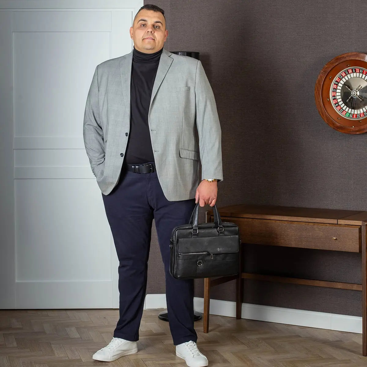 Duża męska marynarka w kratkę DL 926 Edi jasnoszara