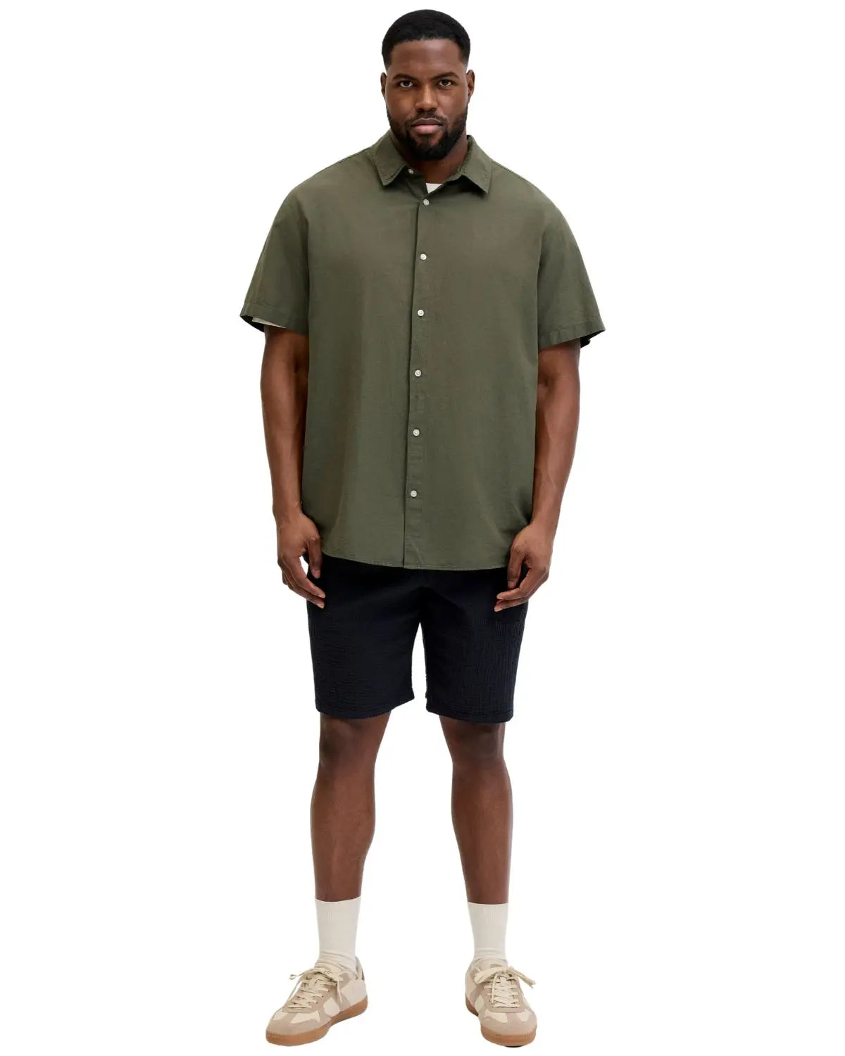 Velká pánská košile s lnem s krátkým rukávem Jack &amp; Jones 12294285 khaki