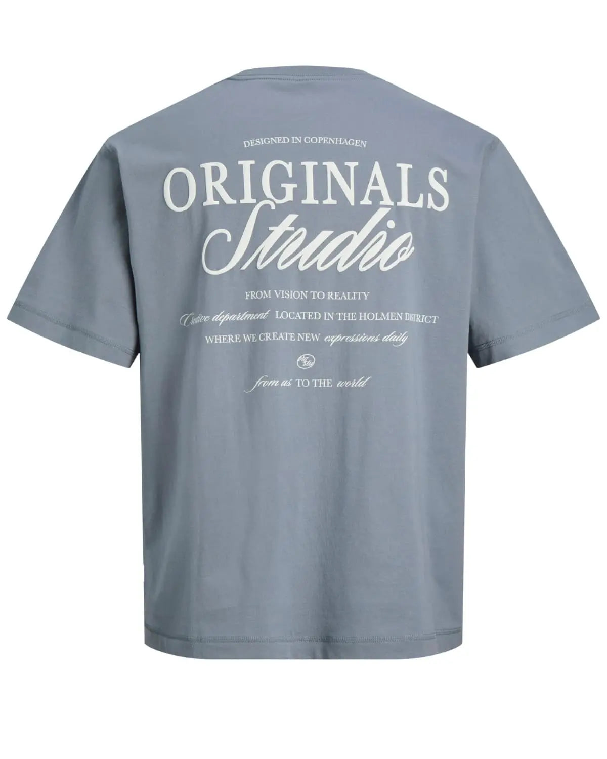 Velké pánské tričko s krátkým rukávem s potiskem na zádech Jack &amp; Jones 12288197 šedomodré