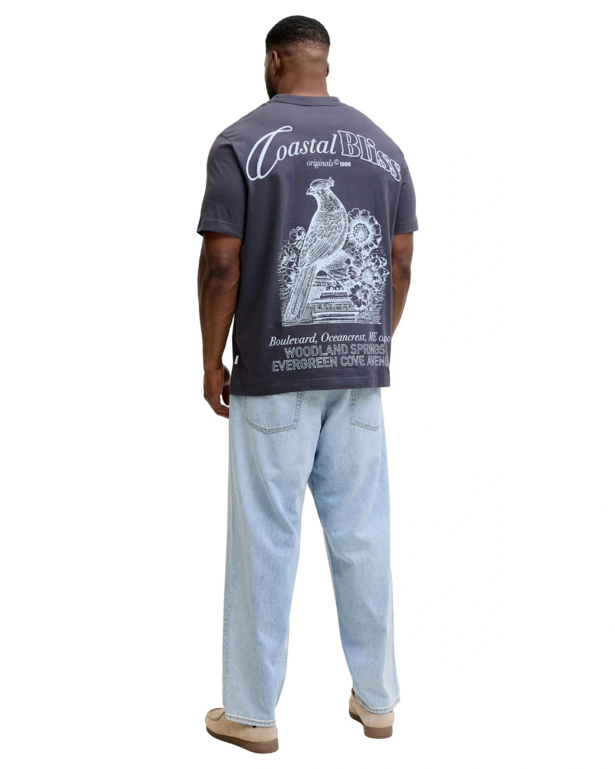 Pánské velké tričko s krátkým rukávem potisk na zádech Jack &amp; Jones 12299037 šedo-modrý