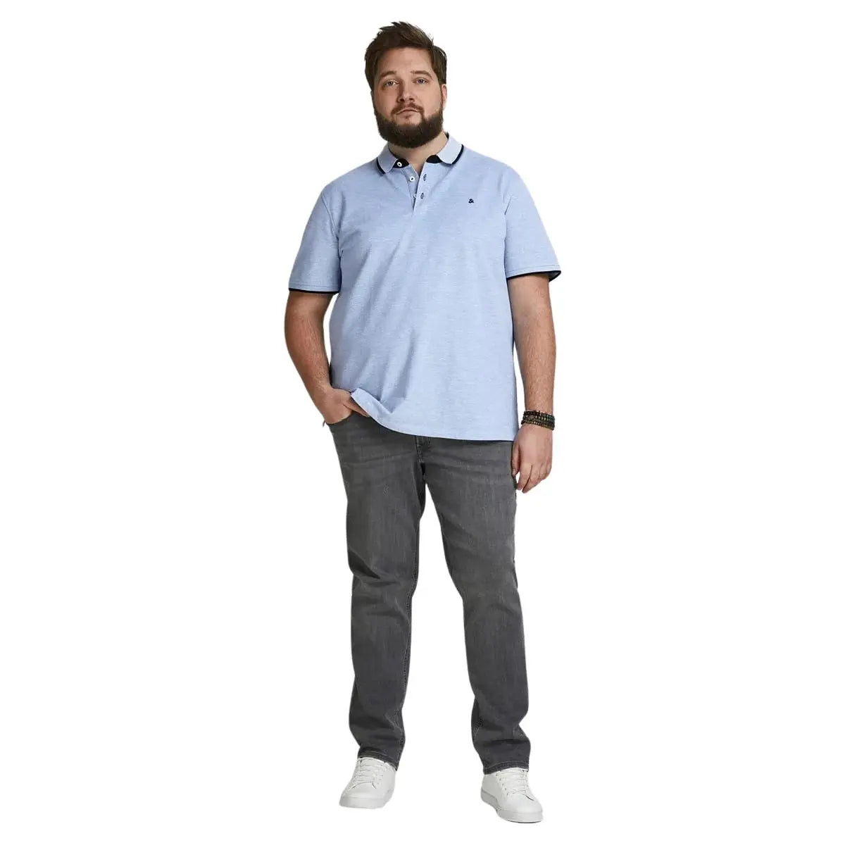 Duża męska polówka koszulka z kołnierzykiem Jack &amp; Jones 12143859 błękitna z czarną wstawką