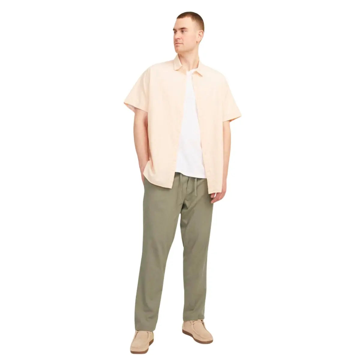 Velké pánské kalhoty s příměsí lnu, gumou a šňůrkami v pase Jack &amp; Jones 12239548 khaki