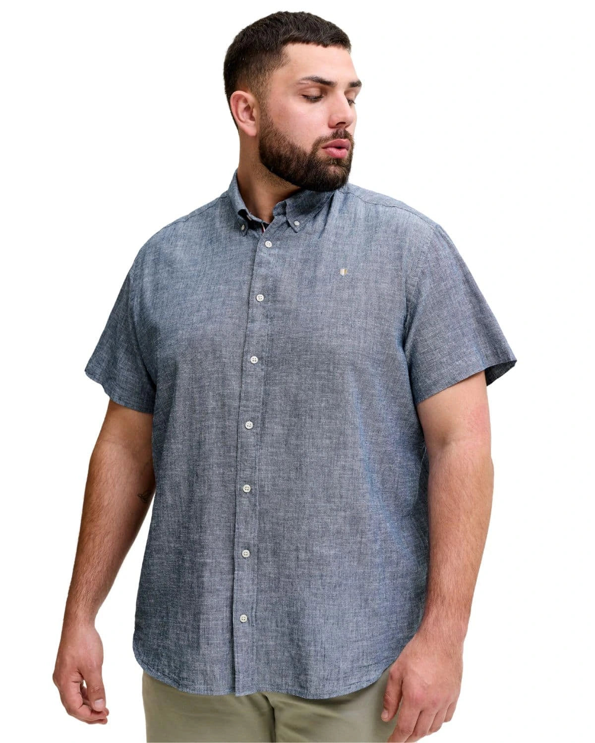 Duża męska koszula gładka z lnem krótki rękaw Jack &amp; Jones 12302364 ciemnoniebieska