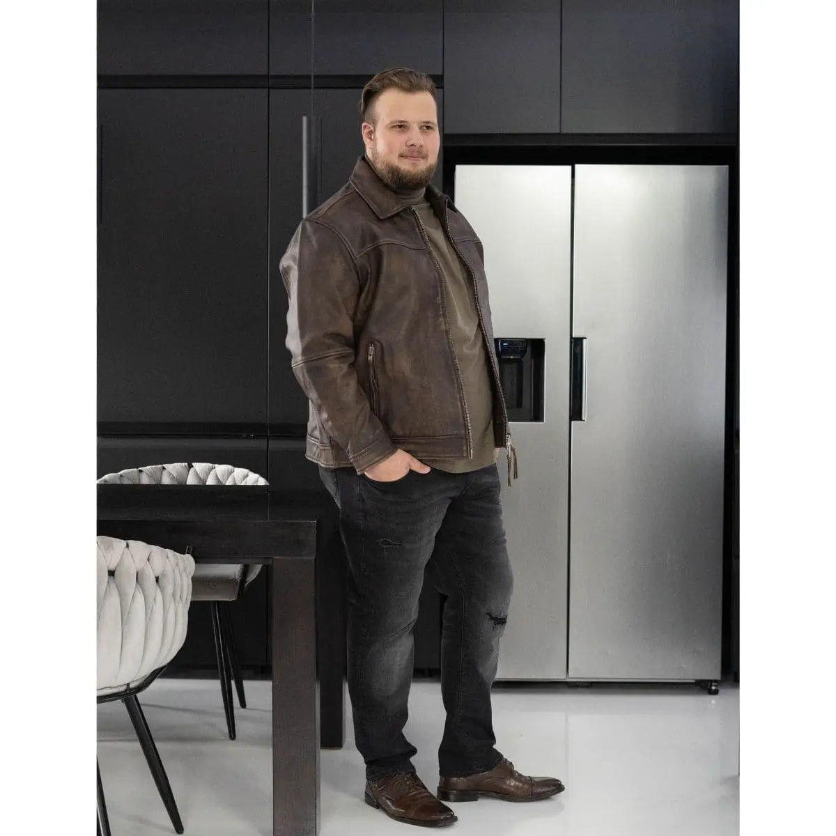Velká pánská kožená bunda typu ramoneska Jack &amp; Jones 12285027 hnědá