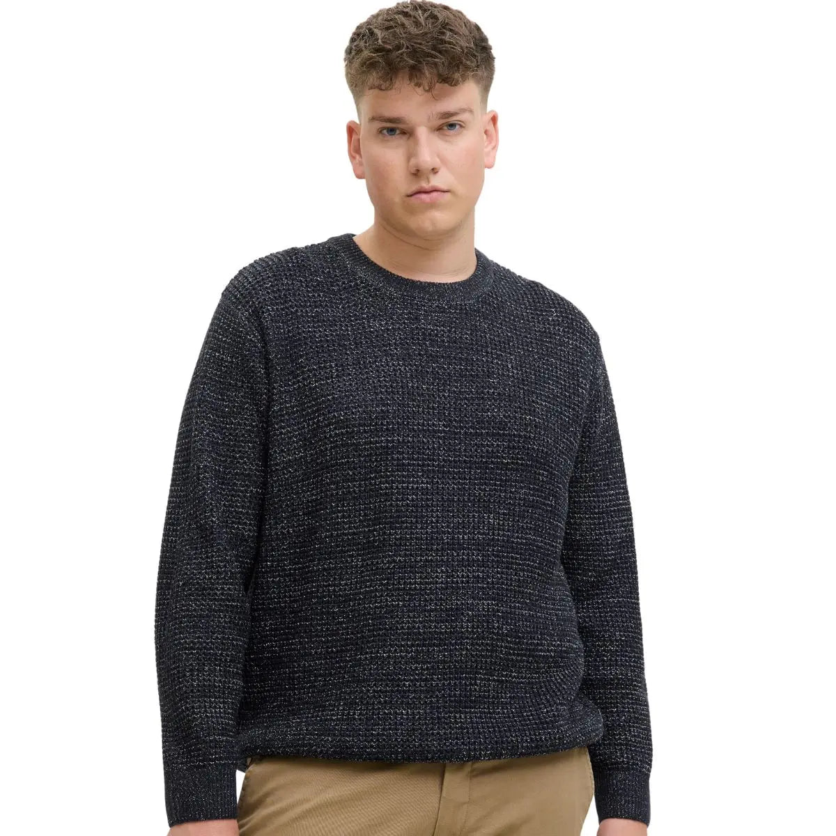 Velký pánský svetr přes hlavu Jack &amp; Jones 12287722 tmavě modrý melírovaný