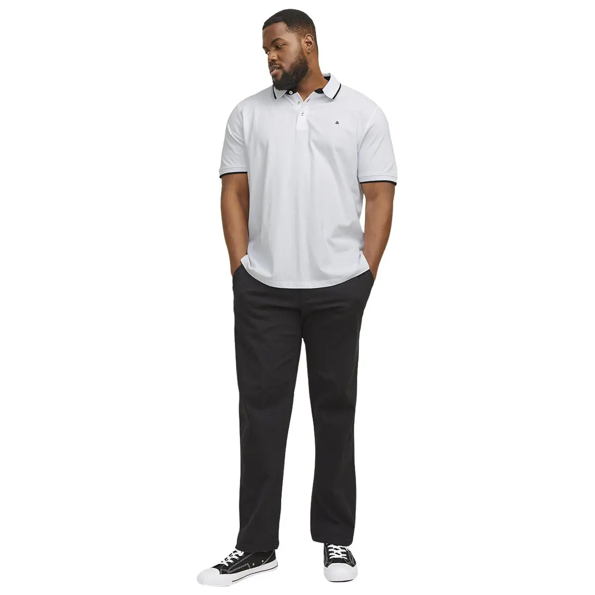 Velké pánské polo tričko s límečkem Jack &amp; Jones 12143859 bílé s černými vsadkami