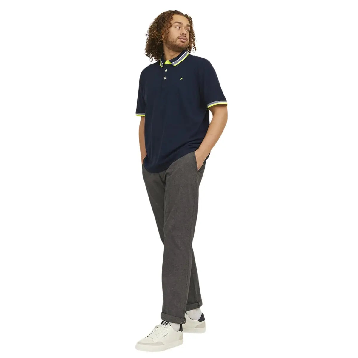 Pánská velká polokošile s límečkem Jack &amp; Jones 12143859 tmavě modrá se žlutou barvou