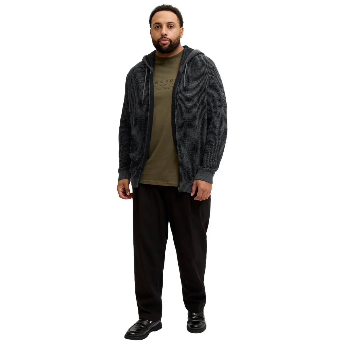 Velká pánská rozepínací mikina s kapucí a strukturální texturou Jack &amp; Jones 12285626 šedo-černá