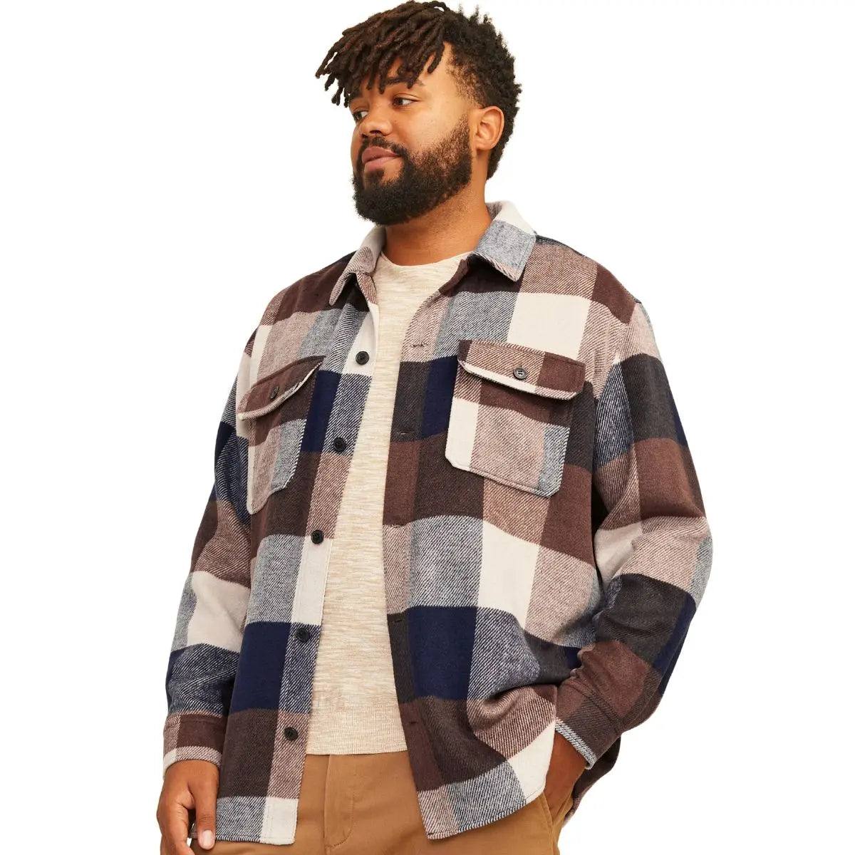 Velká pánská flanelová košile s dlouhým rukávem v kostce Jack &amp; Jones 12263999 tmavě modro-hnědá