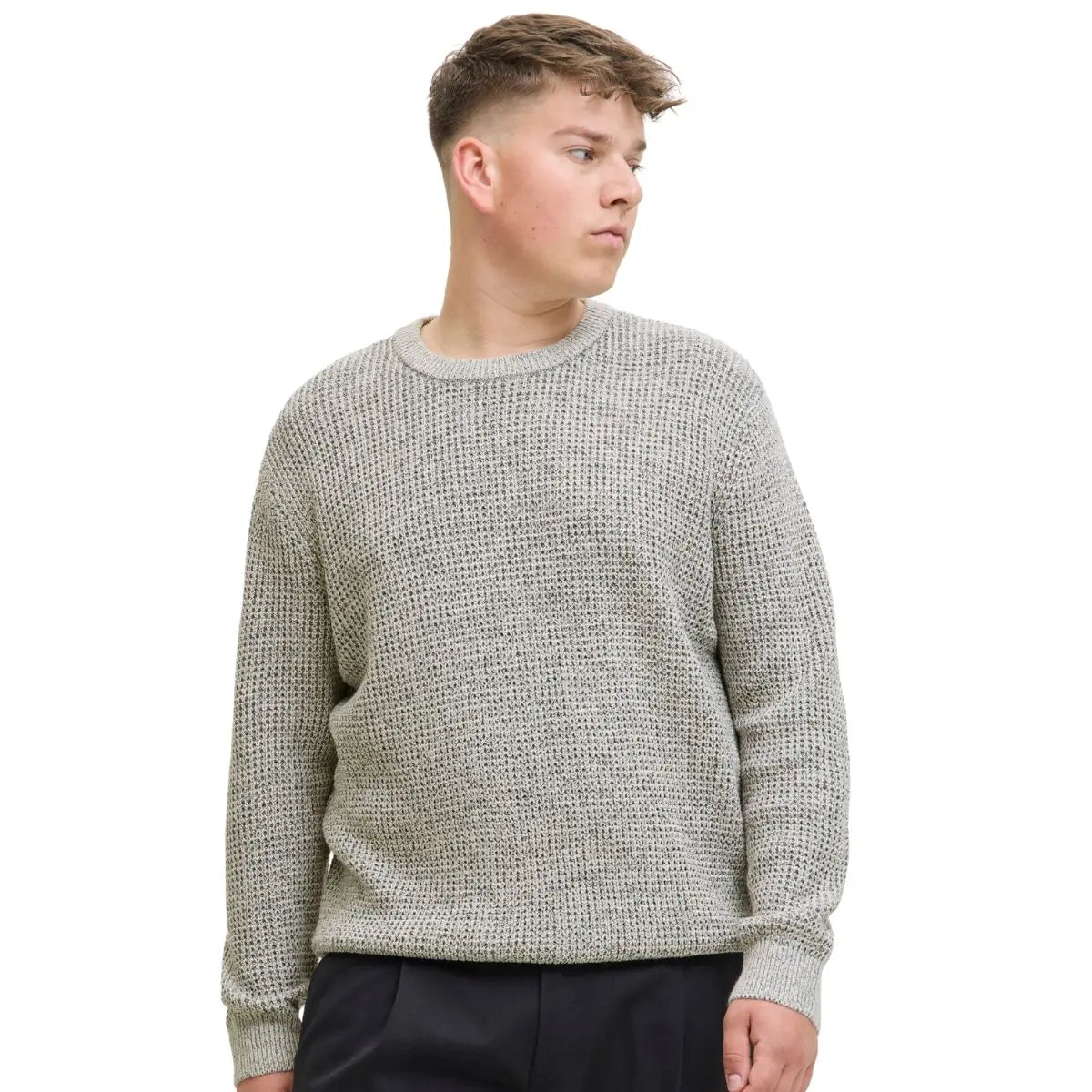 Velký pánský svetr přes hlavu Jack &amp; Jones 12287722 béžovo-šedý s černou nití