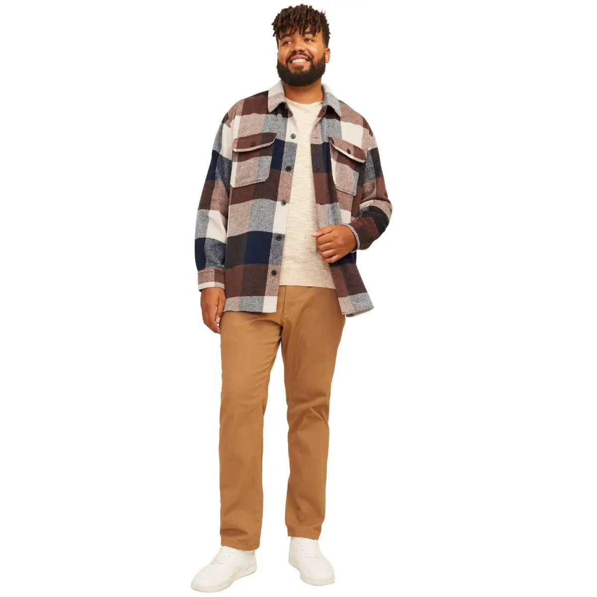Velká pánská flanelová košile s dlouhým rukávem v kostce Jack &amp; Jones 12263999 tmavě modro-hnědá